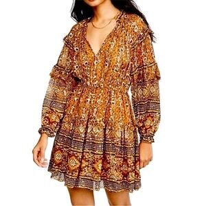 House of Harlow 1960 Dress Mustard Yellow Gold Long Sleeve Ruffle Mini XS